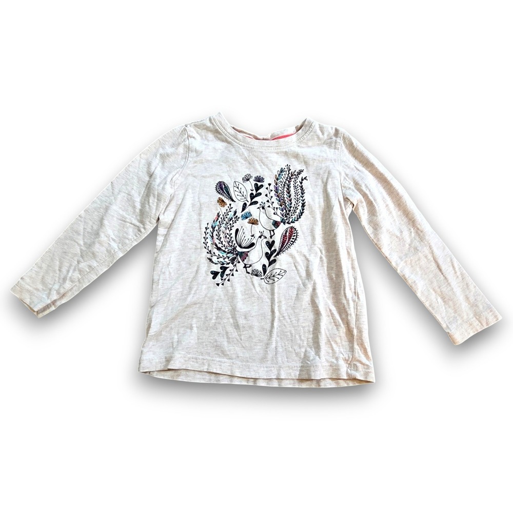 Hanna Andersson Cream Long Sleeve T Shirt Textured Graphic Girls Kids 100 US 4